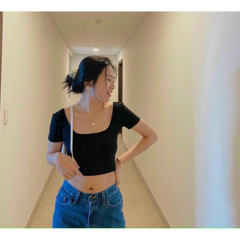 Áo Croptop Cổ Vuông Tay Ngắn Hở Lưng Thắt Nơ Có Mút Ngực Trắng Đen DRACR128