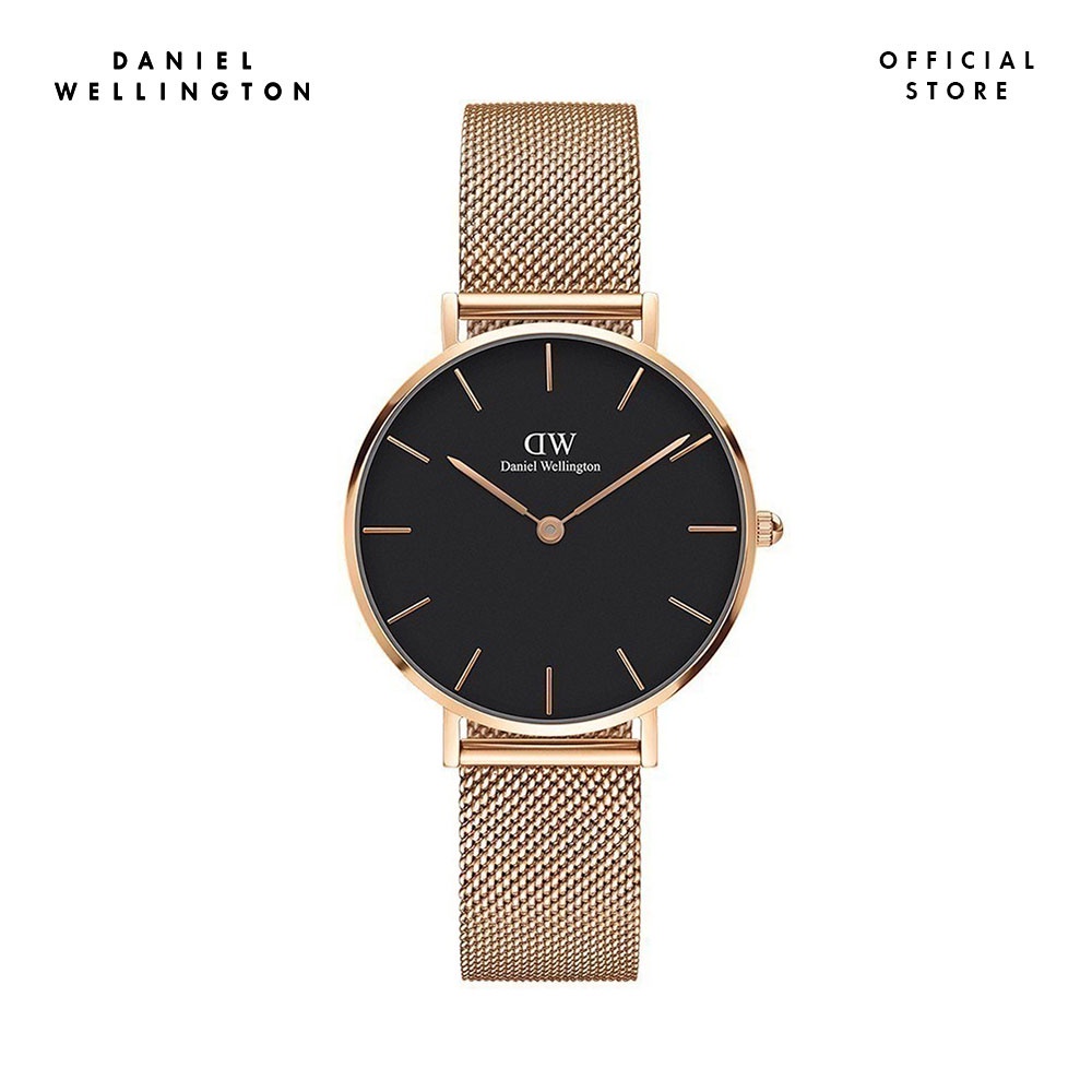 Đồng hồ Nữ Daniel Wellington dây lưới - Petite Melrose mặt đen - vỏ vàng hồng