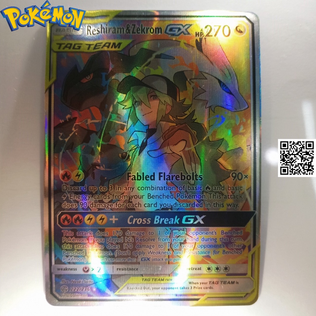 Lá pokemon Reshiram & Zekrom Trainer GX Tag Team phản quang Trading card TẶNG Sleeves bọc bài 1459 D2 222-236