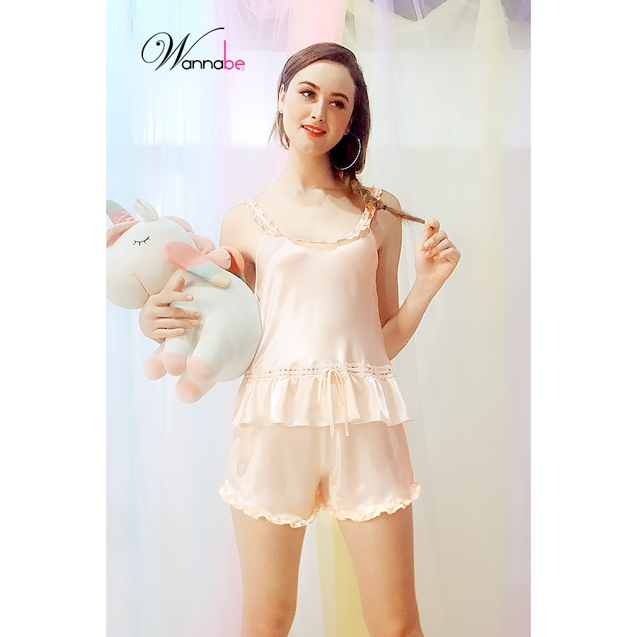 Đồ bộ mặc nhà Wananbe bộ short BSS09 dây vai dập lai bèo lạ mắt xinh xắn