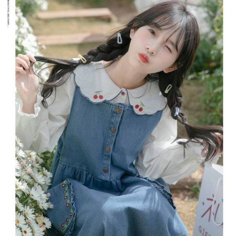 Set Áo Sơ Mi Cổ Bẻ Phối Đầm Yếm Denim Thêu Họa Tiết Dễ Thương Cho Nữ Sinh