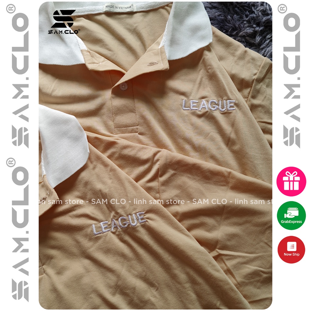 Áo thun Polo tay lỡ SAM CLO có cổ form rộng phông freesize dáng unisex mặc cặp, nhóm, lớp, đi học in chữ LEAGUE | BigBuy360 - bigbuy360.vn