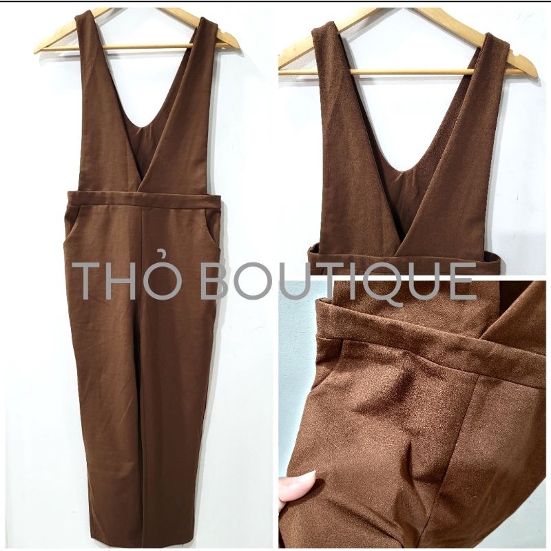 Jumpsuit dài FOREVER21 sát nách cổ V ống suông tuyết mưa xám, nâu, rêu