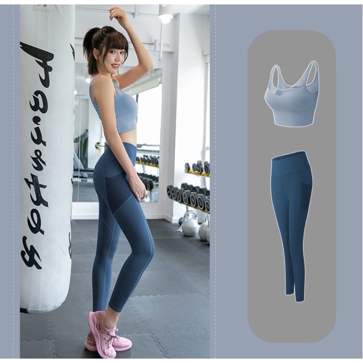 Set quần áo tập Gym Yoga nữ 2 món áo bra phối lưới &amp; quần legging có túi zip tiện dụng S033 GYM FASHION