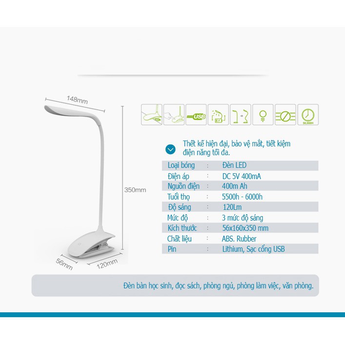 Đèn led sạc kẹp bàn chống cận KRMAX Mobi