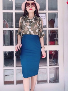 Chân váy bút chì xanh cổ vịt