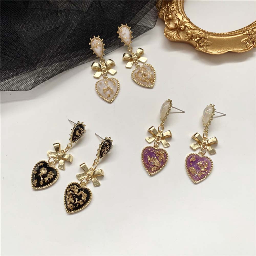 Bông tai đinh tán dạng thả bằng kim loại nhựa resin phối nơ