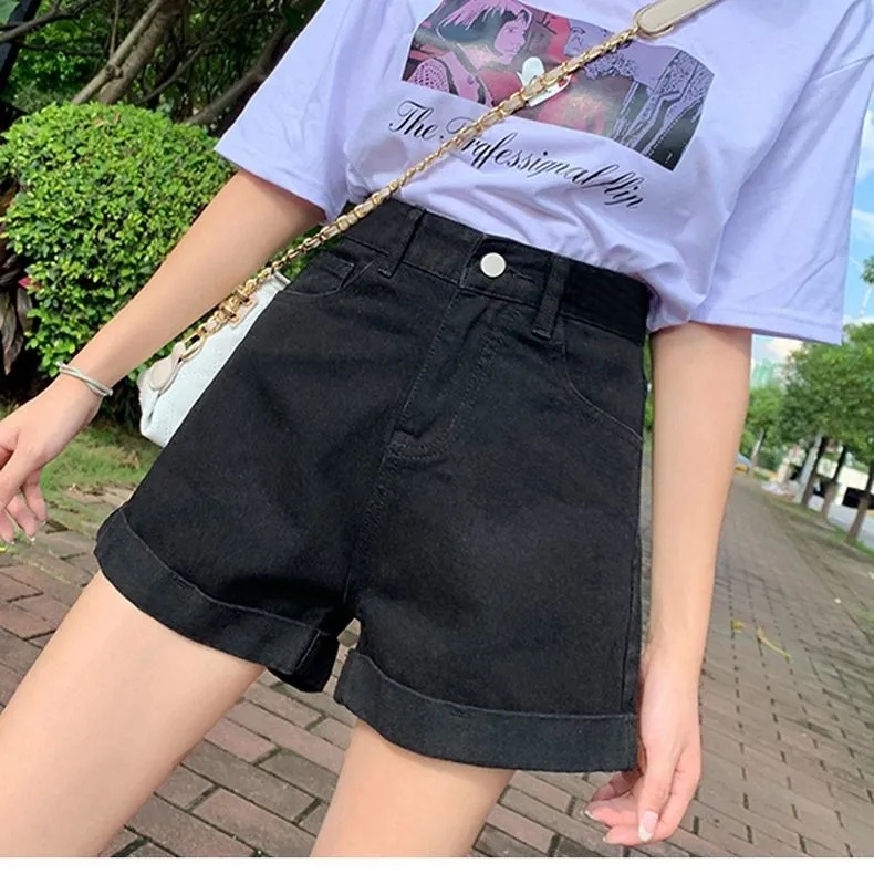 Quần short denim ống rộng lưng cao màu trơn thời trang mùa hè Hàn Quốc cho nữ