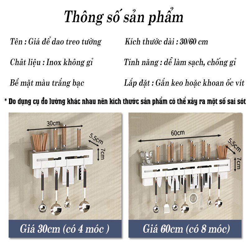 Giá Cài Dao, Giá Treo Đồ Nhà Bếp Inox Gắn Tường, Có Móc Cài Dao Muỗng Không Gỉ Đa Năng IKA,HOME