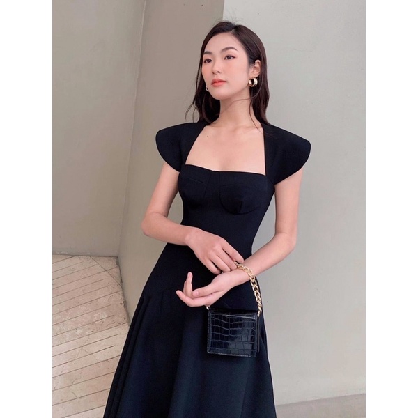 Đầm dự tiệc MINA vải tuyết mưa dáng xoè midi cổ thuyền ngắn tay đắp vai sang trọng quyến rũ dự tiệc đi chơi MN172