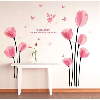decal dán tường hoa tuylip hồng lãng mạn