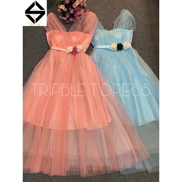 Đầm xoè dự tiệc rớt vai hoặc cổ V lưới siêu xinh TRIPBLE T DRESS -size M/L/XL - MS37V