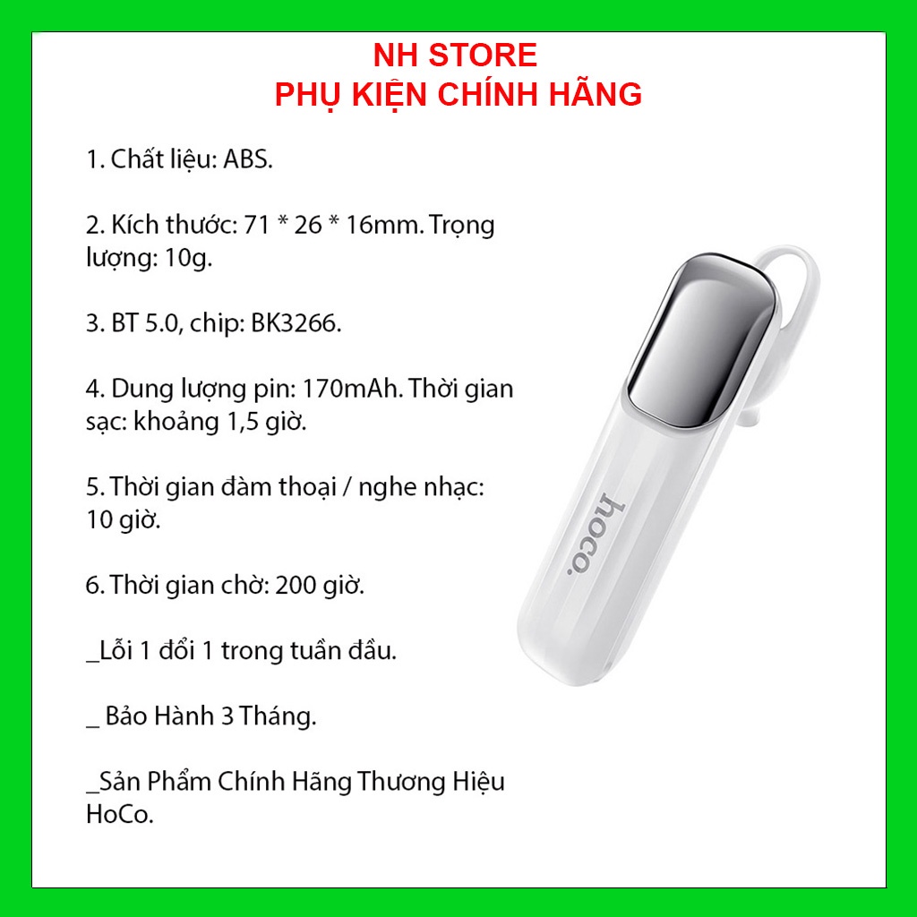 Tai Nghe BlueTooth Chính Hãng Hoco ,Tai Nghe Không Dây Nhét Tai 1 Bên , Pin Dung Lượng Cao , Âm Thanh Chất Lượng.