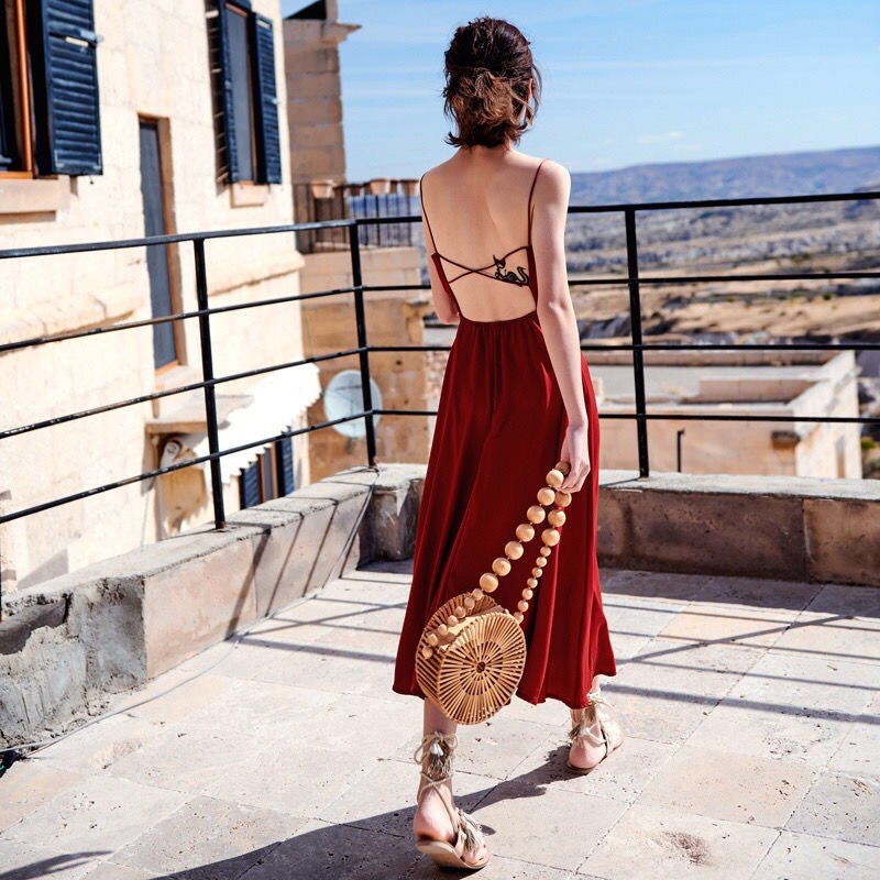 Pháp retro cổ chữ v sling váy đỏ voan phong cách kỳ nghỉ dài eo mỏng tính khí váy nữ mùa hè