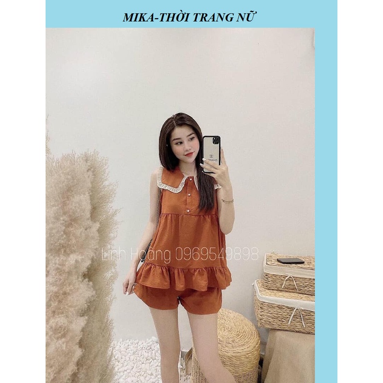 Set đồ nữ đẹp gồm áo kiểu bánh bèo và quần đùi (viền cổ áo xòe bèo lai)