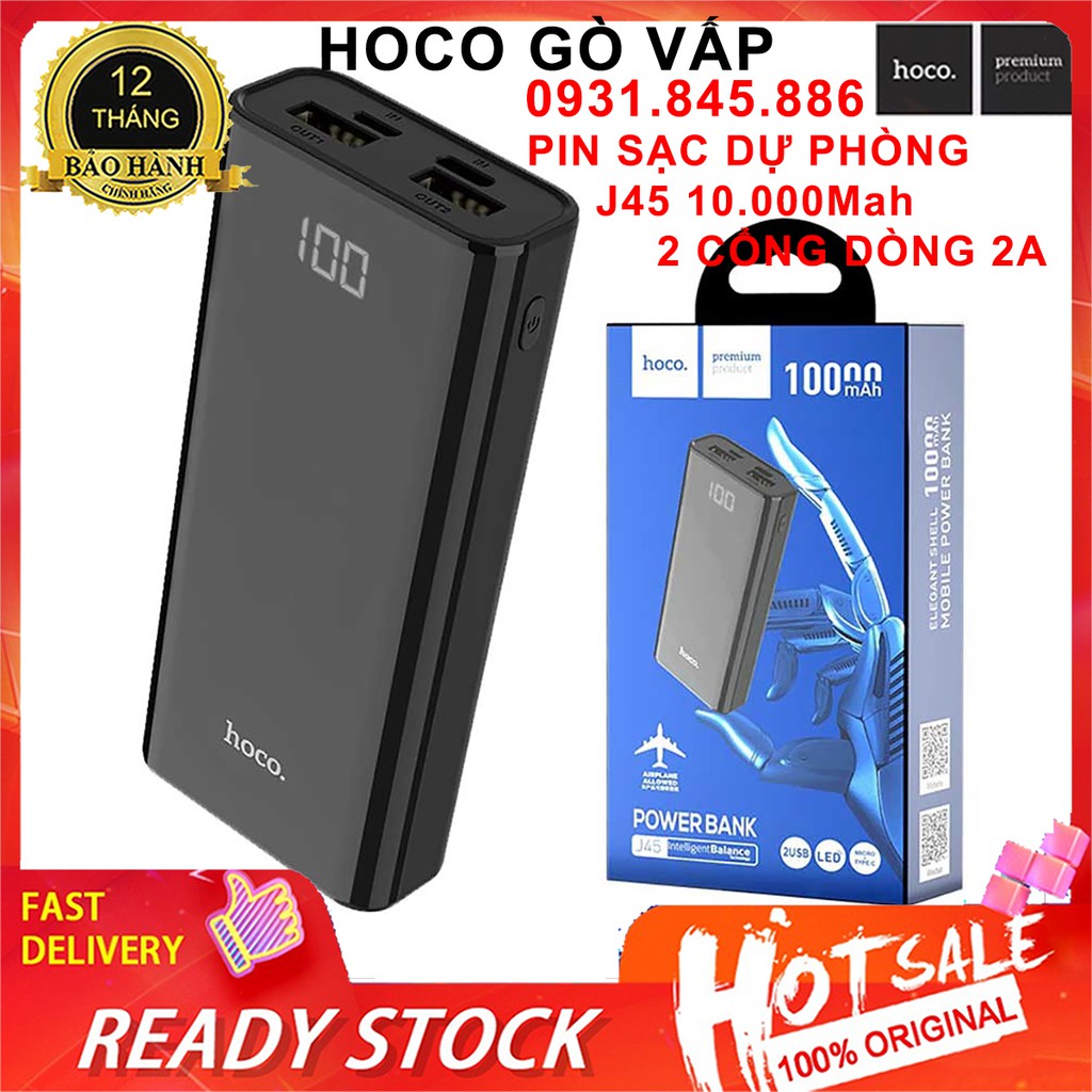 ⚡NowShip⚡  Sạc Dự Phòng Hoco J45 10000 mAh có đồng hồ hiển thị % pin 2 Cổng Sạc phân phối chính hãng bảo hành 12 tháng