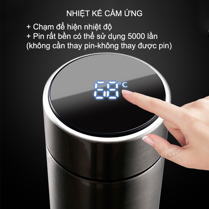 BÌNH GIỮ NHIỆT 2 LỚP 480ML NẮP CÓ NHIỆT KẾ CẢM ỨNG, BẰNG INOX 304 CAO CẤP NC480