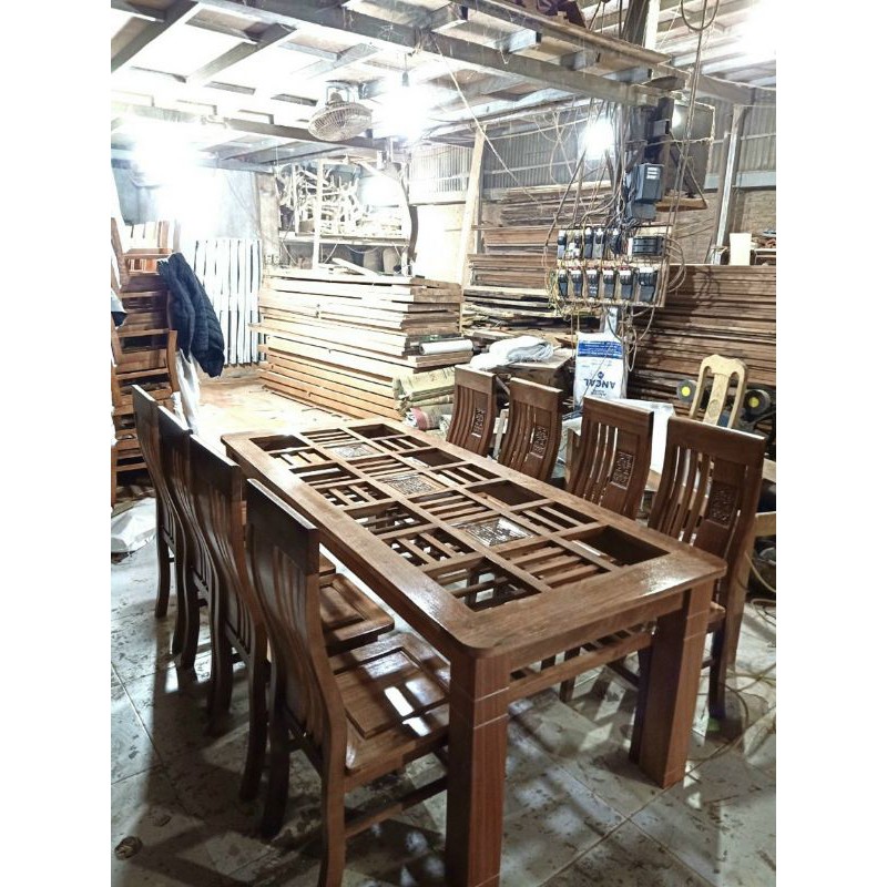 [FREESHIP HÀ NỘI] Bộ bàn ăn 8 ghế gỗ sồi, 2 tầng