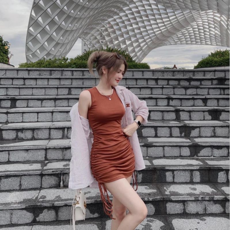 Set Đồ Nữ Ms.1586 Đầm Body Rút Hông Tay Sát Nách Chất Zip Phối Áo Khoác Sơ Mi Cắt Lưng Chất Thô Lụa