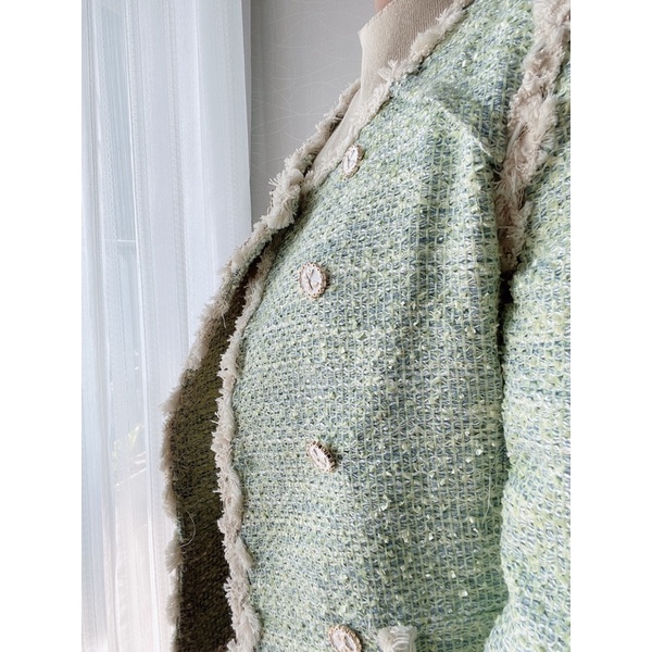 Áo khoác dạ tweed cổ tròn phong cách Hàn Quốc