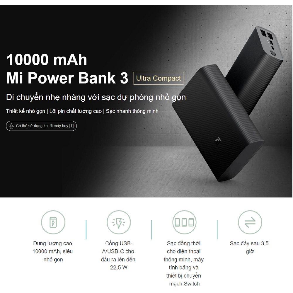 Pin sạc dự phòng Xiaomi 10000 mAh In/Out(Type-C) Gen 3 Ultra Compact QC 3.0+PD, 22.5W, BHR4412GL - HÀNG CHÍNH HÃNG