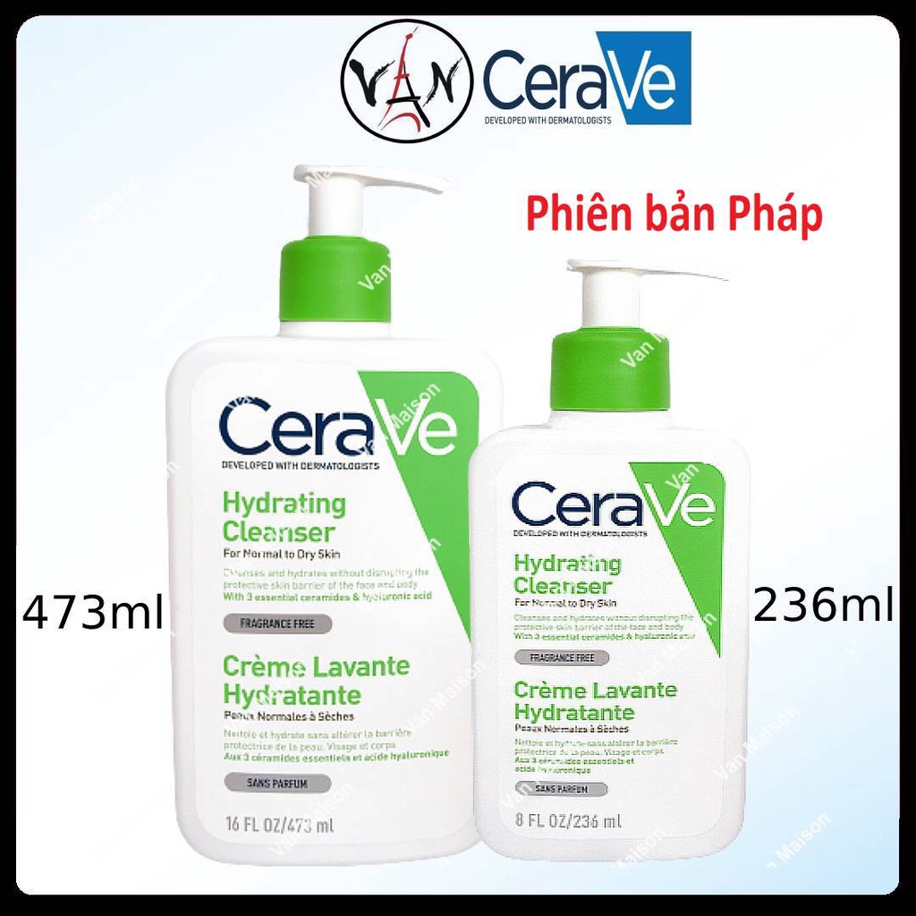 Sữa rửa mặt cerave dạng gel nhẹ dịu dành cho da thường da dầu da mụn da khô da nhạy cảm 236ml 473ml - phiên bản Pháp