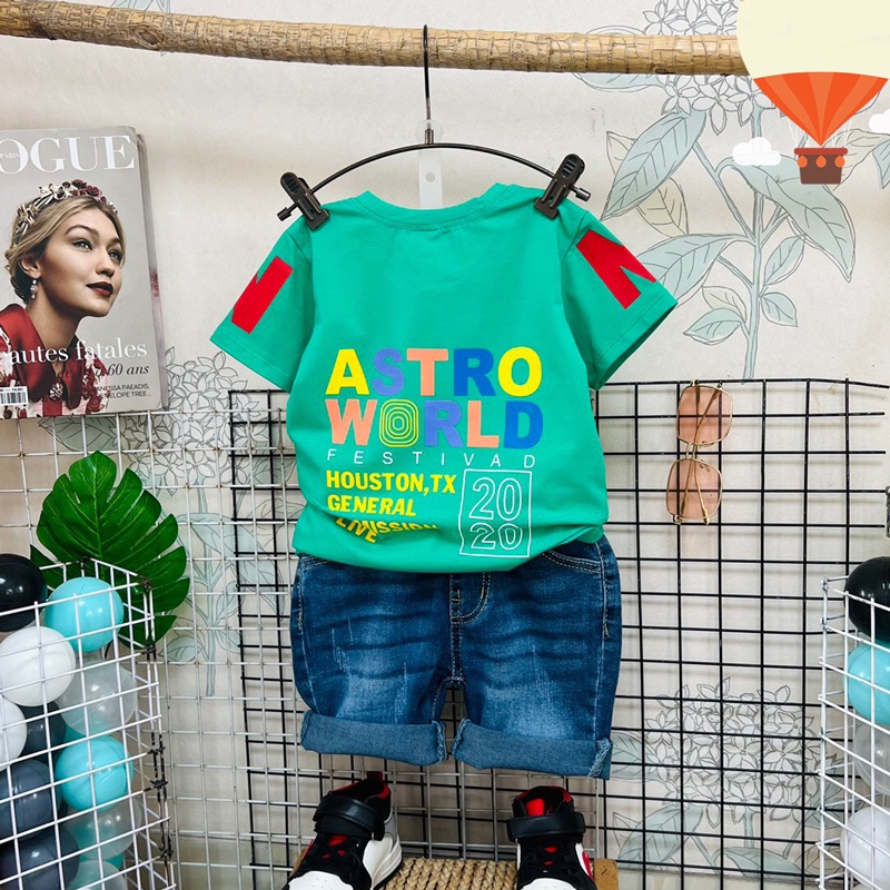 Đồ bộ bé trai  bộ jean bé trai chữ astro world cho bé từ 10 đến 60kg