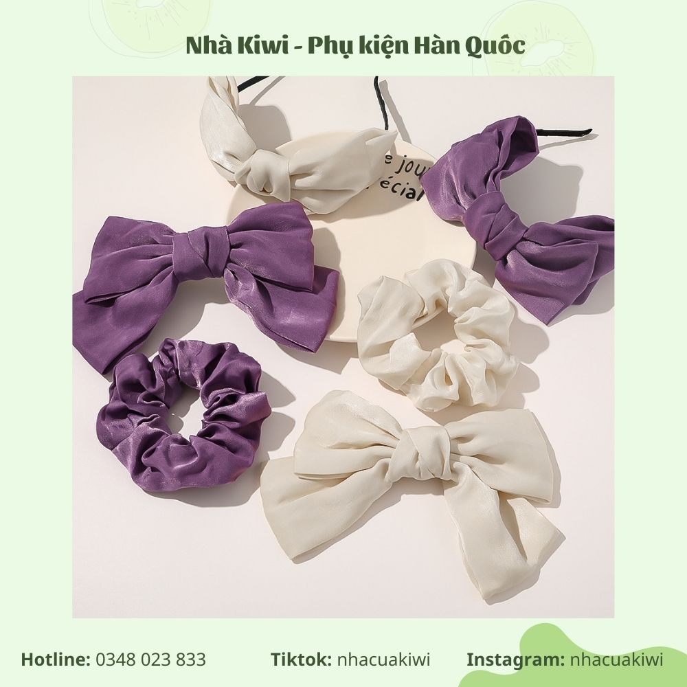 Bộ đôi Cài Tóc nơ và Scunchies vải bóng phong cách kẹo ngọt đáng yêu