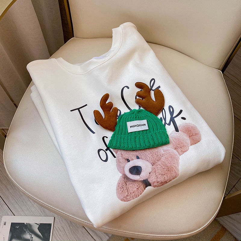 Áo Thun Tay Dài Cổ Tròn Dáng Rộng In Họa Tiết Hoạt Hình Dễ Thương Cho Nữ