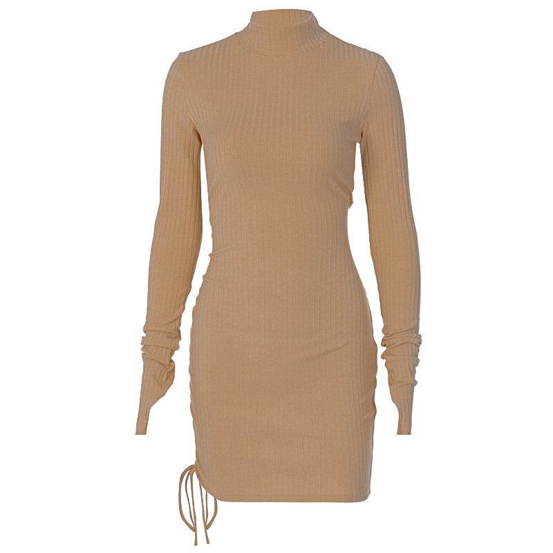 DUNEA Đầm dệt kim tay dài cổ cao phối dây rút màu trơn thời trang