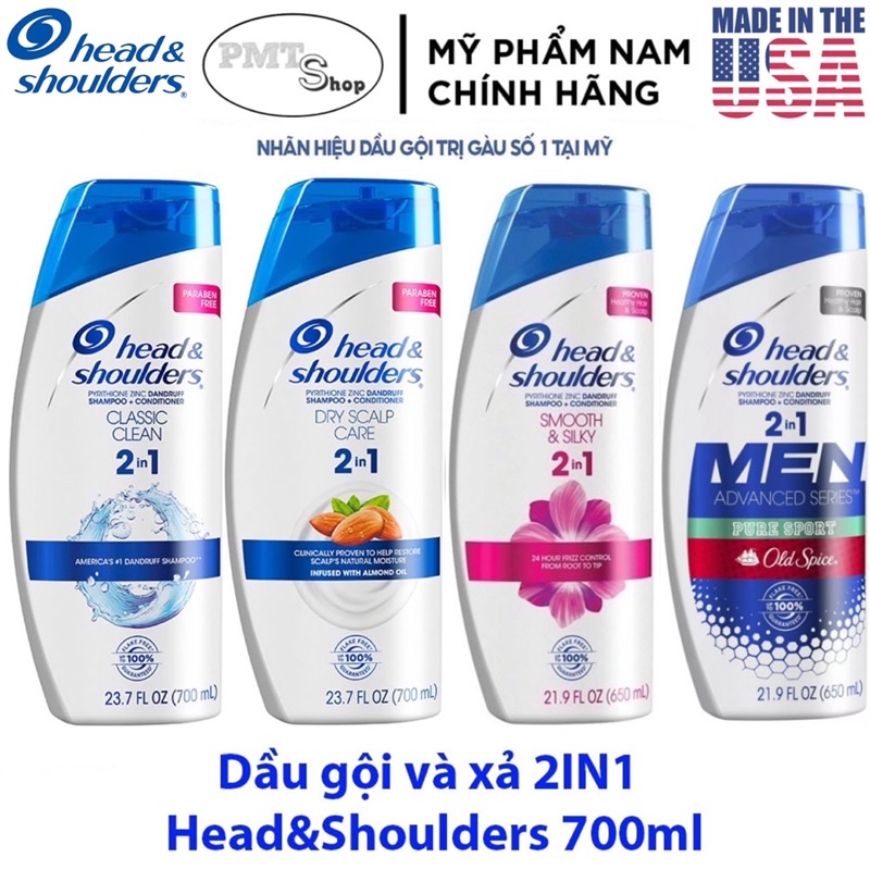 Dầu gội xả 2in1 Head &amp; Shoulders Mỹ 700ml Classic Dry Scalp Care Smooth &amp; Silky Pure Sport 650ml sạch gàu