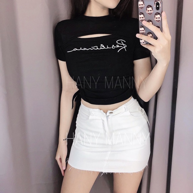 Áo thun croptop ⚡FREESHIP Đơn 250K⚡ Áo croptop thun ôm body rút eo hở rốn in chữ Resi siêu hot hàng Quảng Châu chất đẹp