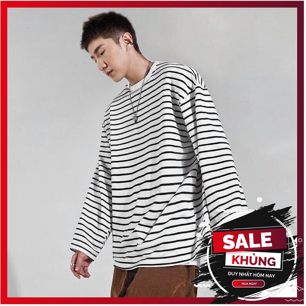 Áo thun tay dài nam nữ Unisex sọc ngang không cổ dài tay Freesize 50-65kg mặc - mẫu 2021