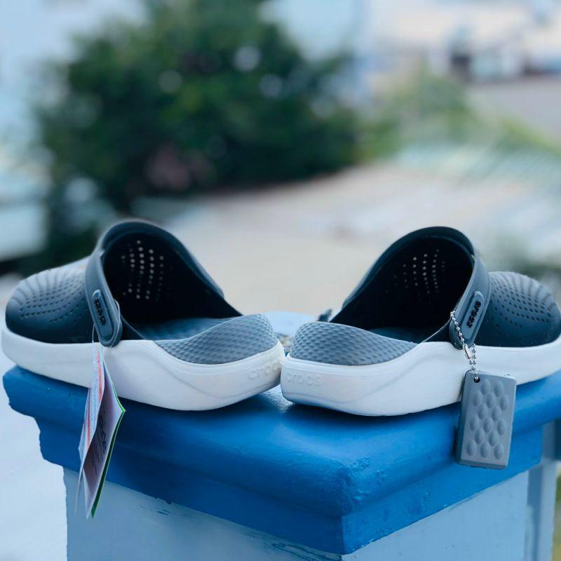 Dép Cross Literide  FREESHIP + Hàng loại 1 + Hộp  giày sục sandal Crocs quai ngang bít đầu nam nữ, kèm tag đen-xám