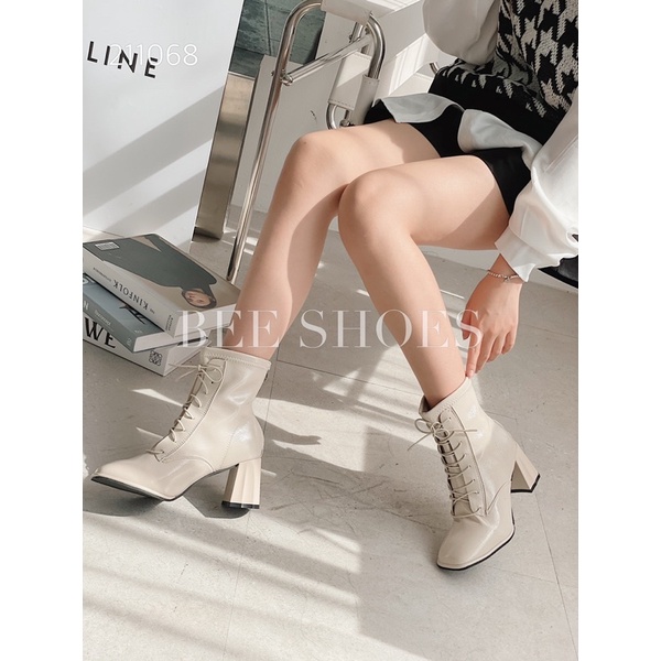 BEESHOES - BOOT NỮ BUỘC DÂY DA MỀM - BOOT NỮ ĐẾ TRỤ CAO 7CM CÓ SẴN MÀU ĐEN -KEM 211068
