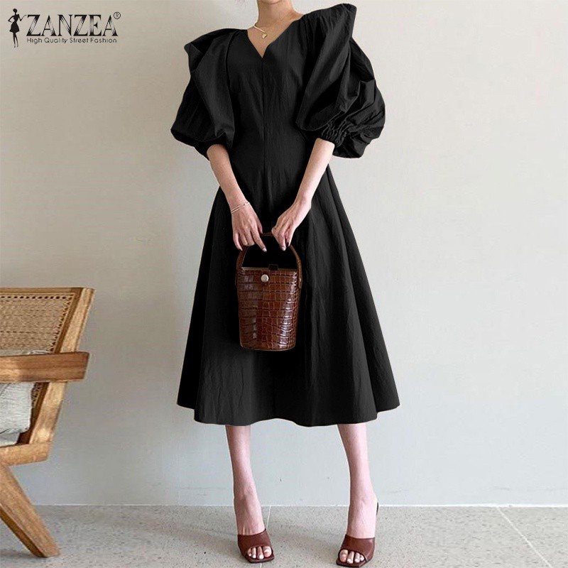 Đầm dài ZANZEA từ cotton kiểu dáng chữ A cổ chữ V tay phồng thời trang đường phố màu trơn cho nữ