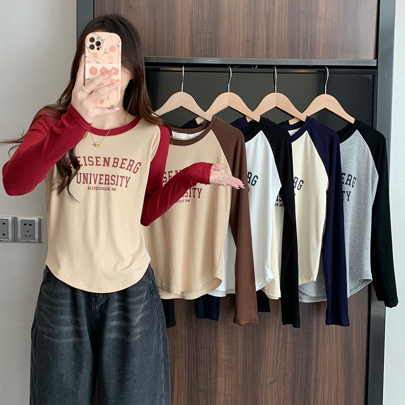 Áo Thun Cổ Tròn Dài Tay In Chữ Dáng Ôm Màu Sắc Retro 54583