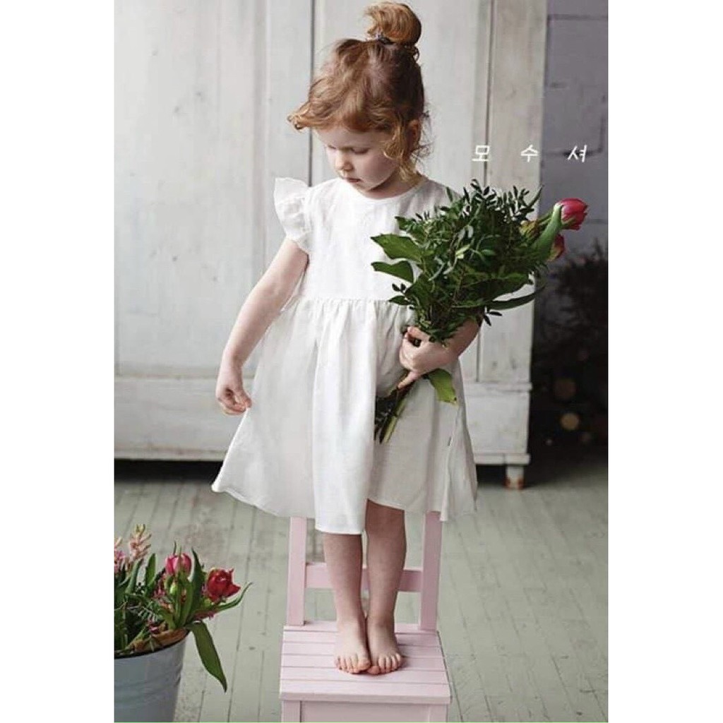 Đầm cánh Tiên Bean Chubby Linen Trắng cho Bé Gái từ 1-10y