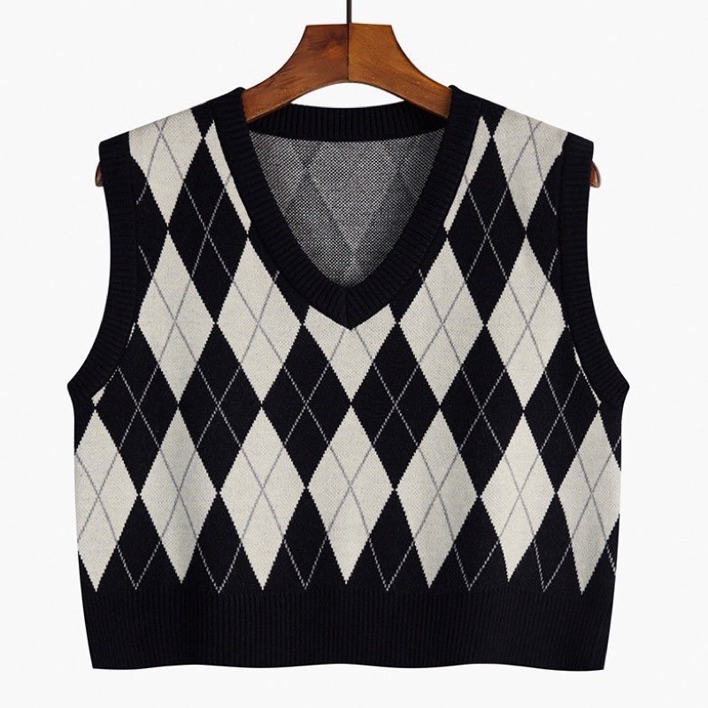 Áo len gile nữ dáng croptop hình thoi đan siêu chất