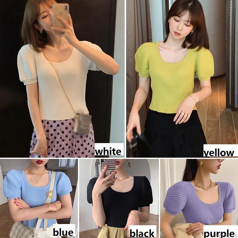 Áo Dệt Kim Tay Phồng Ngắn Cổ Vuông Thời Trang Cho Nữ