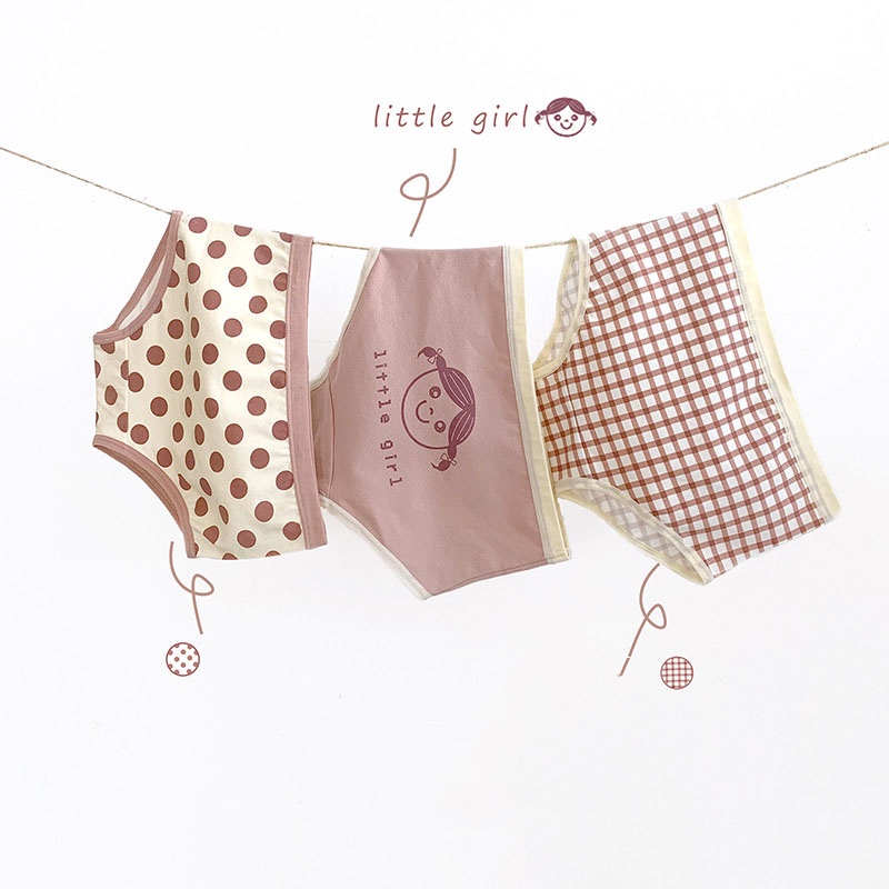 Set 3 quần lót SANITKUN cotton thoáng khí in họa tiết chấm bi kẻ ô và hoạt hình dành cho bé gái