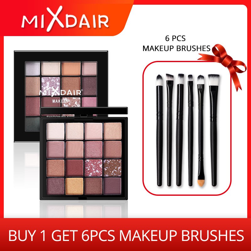 Bảng phấn mắt MIXDAIR 16 màu lì / ánh ngọc trai với với 6 chiếc cọ trang điểm | BigBuy360 - bigbuy360.vn
