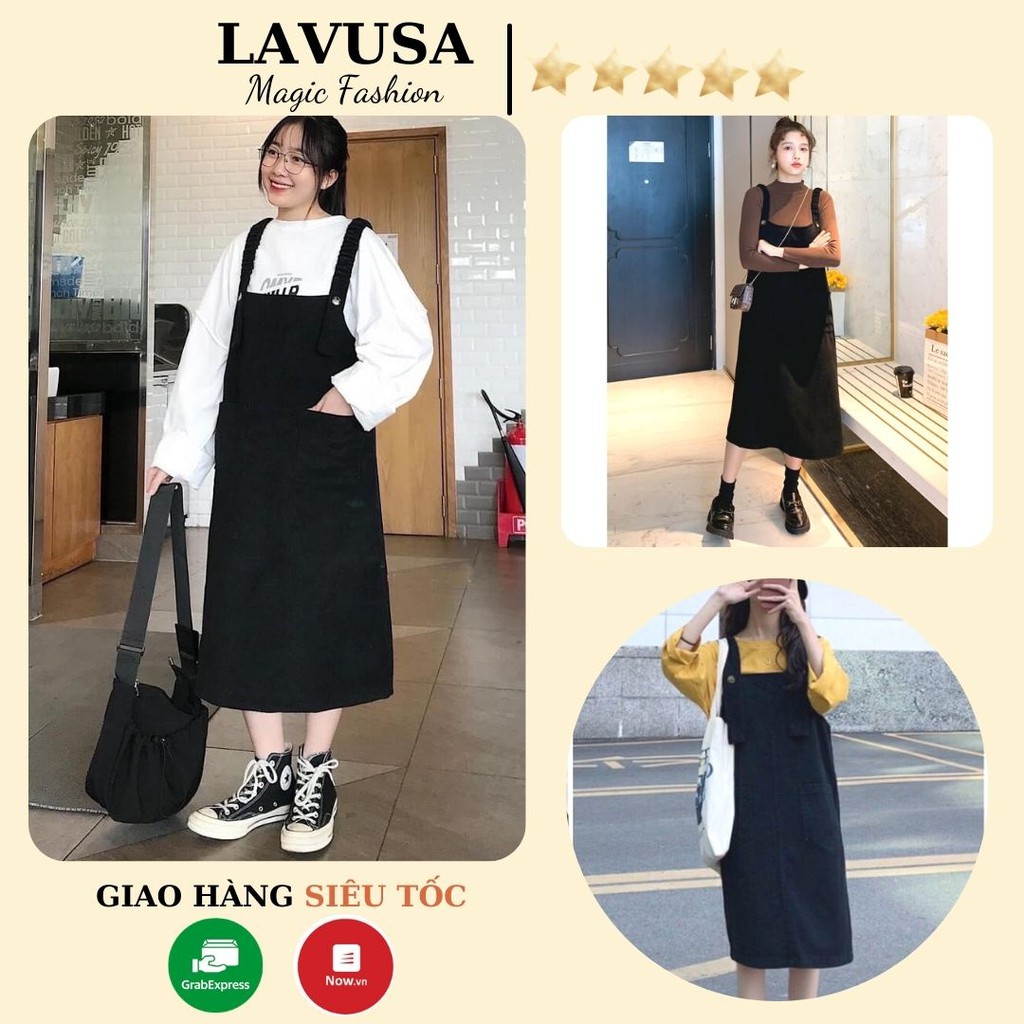 Váy Yếm Nữ Dài Nhung Tăm Dáng Rộng - Đầm Dáng Suông 2 Dây Bản To Ulzzang LAVUSA