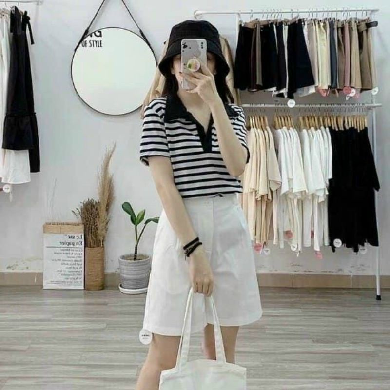 Set áo thun kẻ cổ bẻ quần đùi trắng cực hót