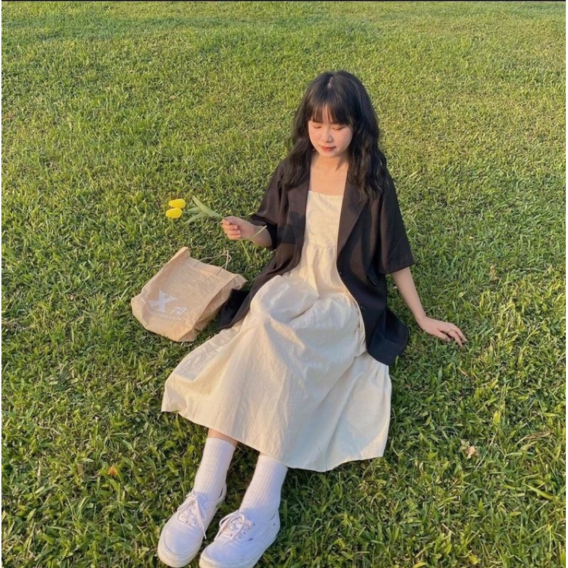 Áo khoác Vest Blazer 2 nút túi nắp trắng đen nude tay ngắn (ảnh thật) | BigBuy360 - bigbuy360.vn