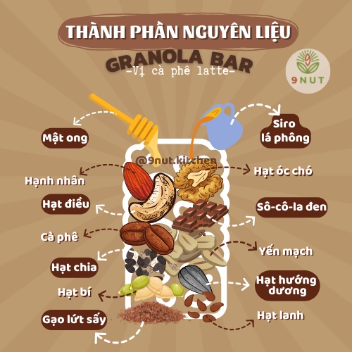 Thanh Bar Granola vị cà phê & socola- thanh ngũ cốc hạt tiện lợi ăn kiêng, giảm cân an toàn