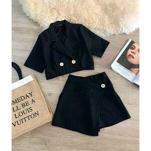 [ Miễn phí ship 2022 ] Set nữ áo vest kèm chân váy nút lệch, bộ sơ mi nữ croptop trẻ trung, cá tính đi làm đi chơi