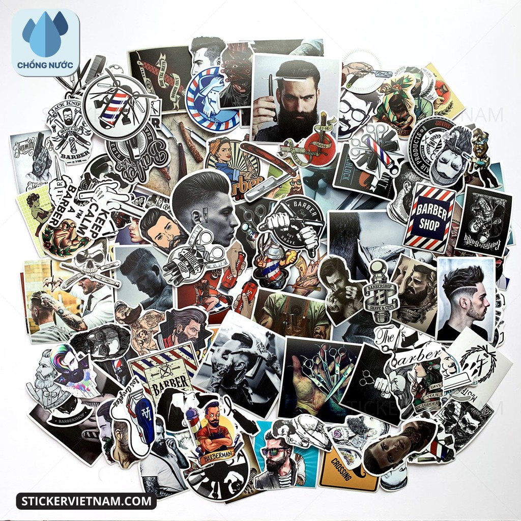 Sticker BARBER trang trí tiệm tóc nam, cửa hàng cắt tóc nam, tem dán chống nước, dán gương