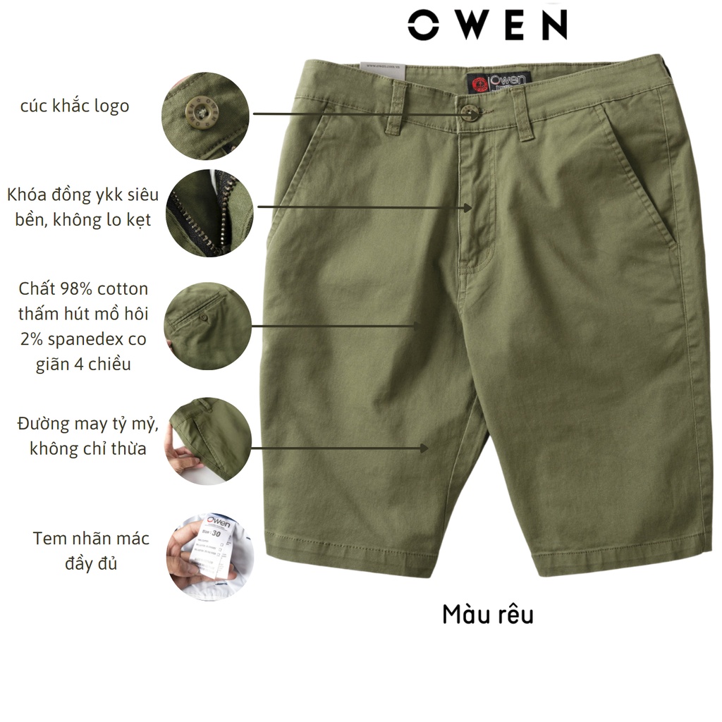Quần short nam kaki Owen màu rêu, chất liệu vải cotton cao cấp, co giãn, trẻ trung, dáng slimfit năng động