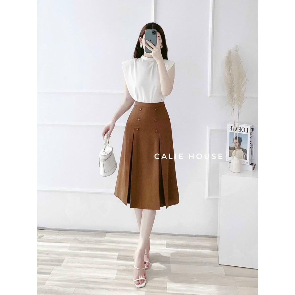 Chân váy xòe xếp li dáng lửng công sở